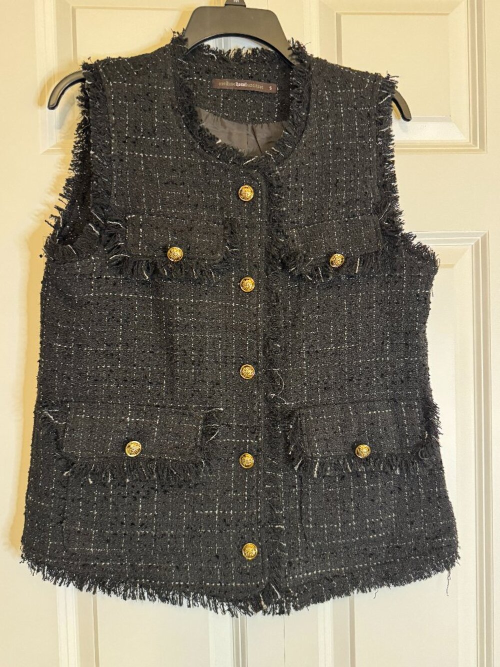 black tweed-textured button-up vest with fringe, size S
